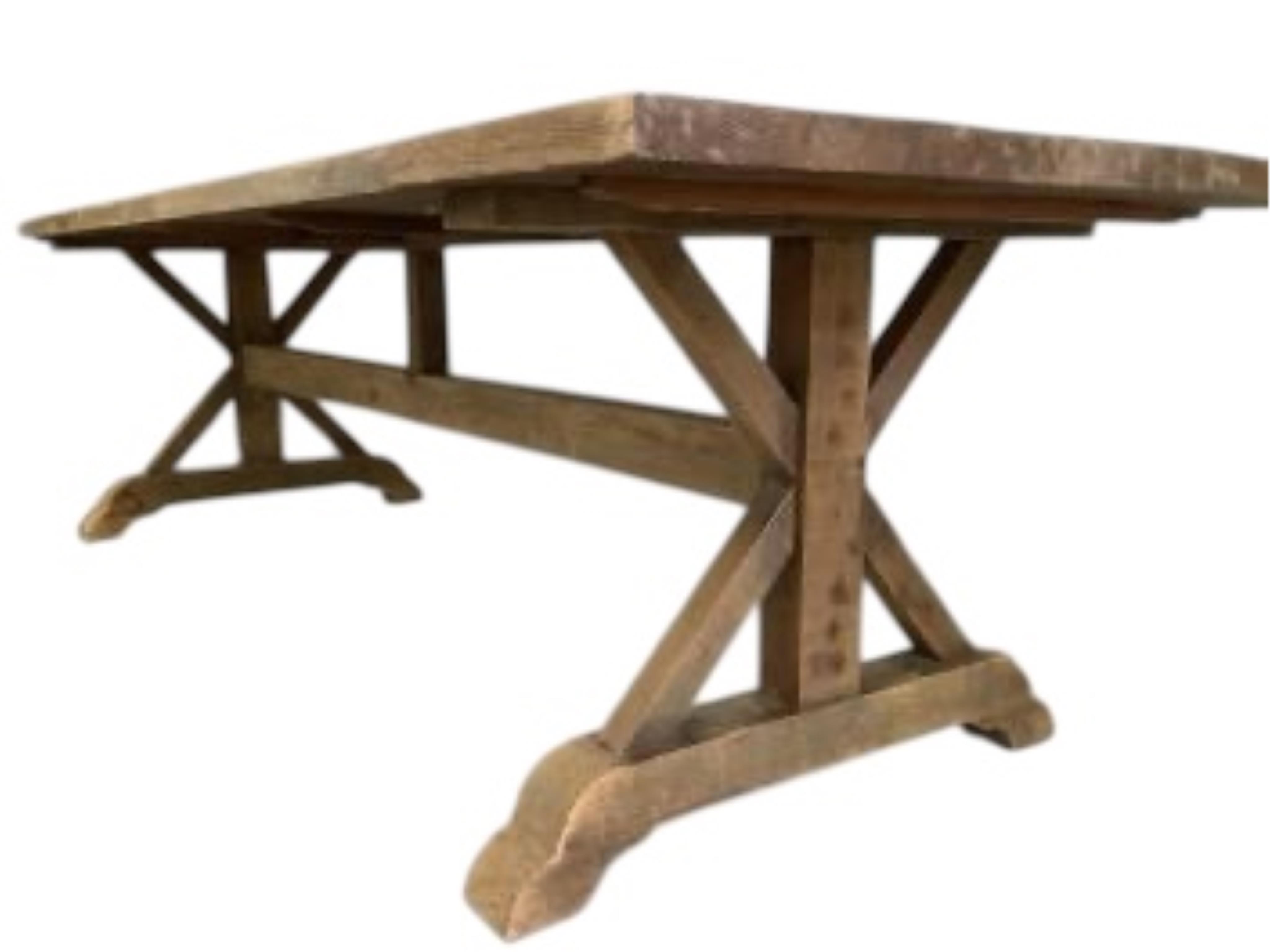 An 18th century style rectangular pine tavern type refectory dining table on X shaped underframe, width 280cm, depth 100cm, height 77cm